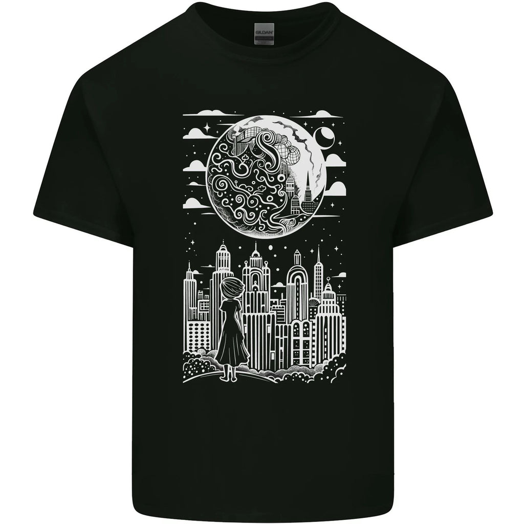 Fantasy City Black and White City Anime Mens Cotton T-Shirt Tee Top