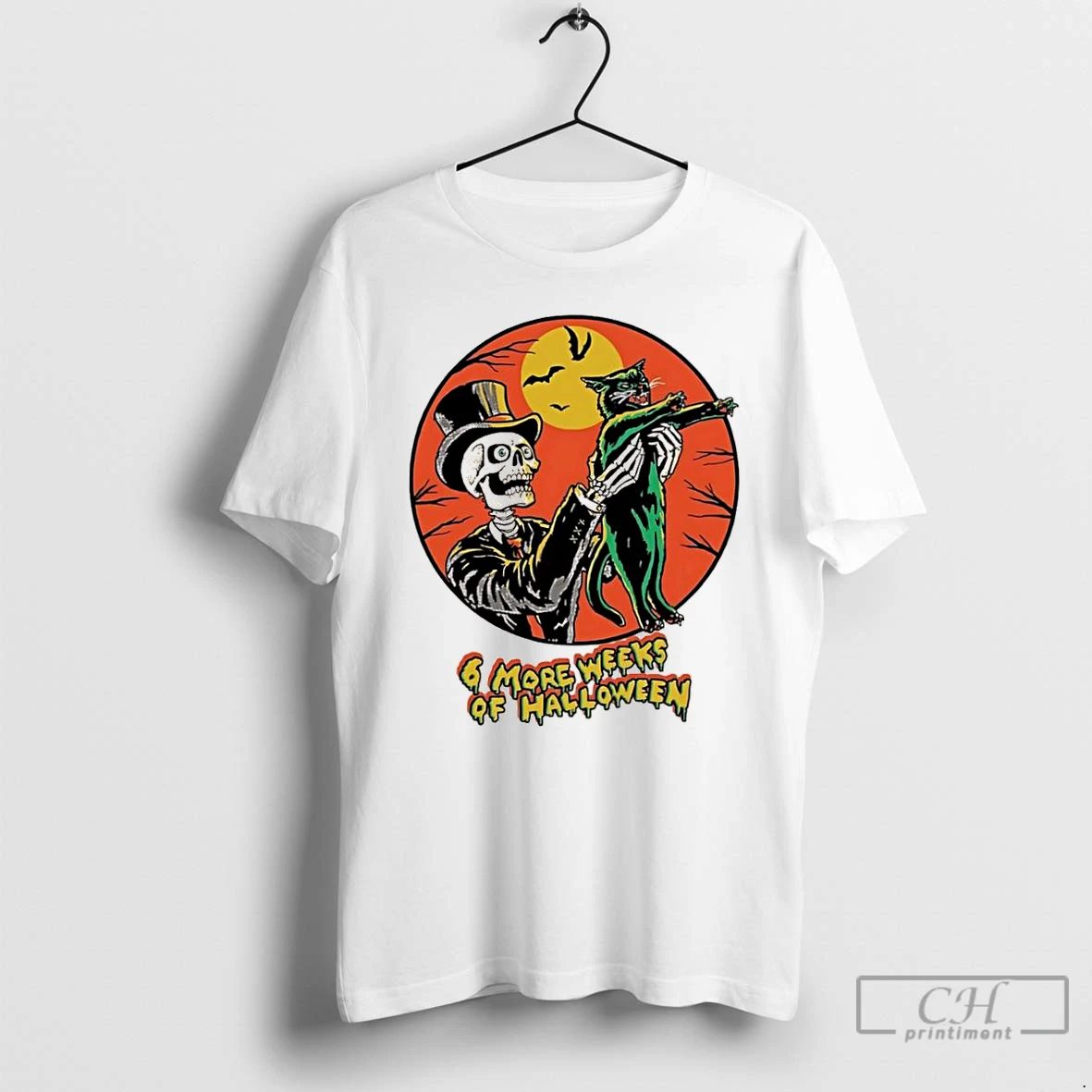 Classic Skeleton Holding Black Cat 6 More Weeks Of Halloween T Shirts