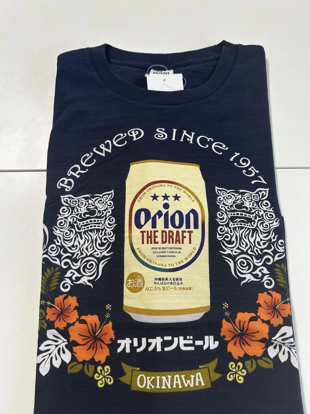Orion Beer Okinawa T-Shirt XL Navy Japanese Souvenir Shisa Hibiscus New