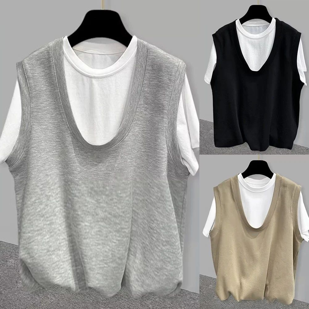 Men Patchwork Pullover T shirt for High Street Style in Black Khaki Gray