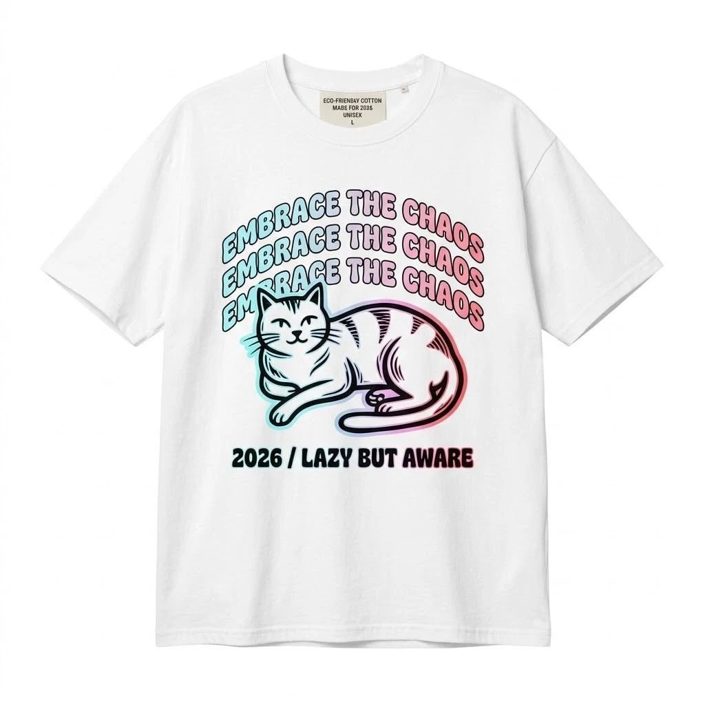 Funny Cat T-Shirt Embrace The Chaos Lazy But Aware Retro Glitch Graphic Tee