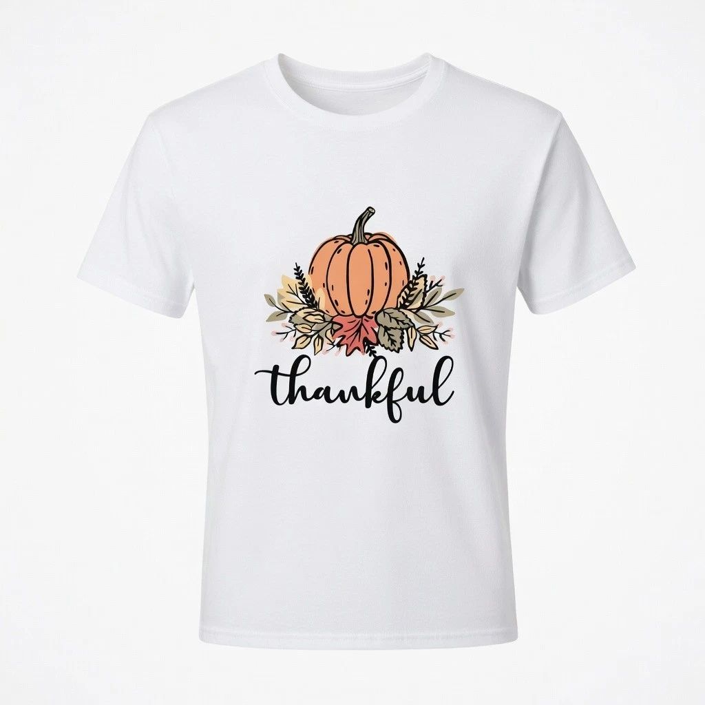 Thankful Pumpkin Fall Leaves Floral Aesthetic Thanksgiving Graphic T-Shirt Tee
