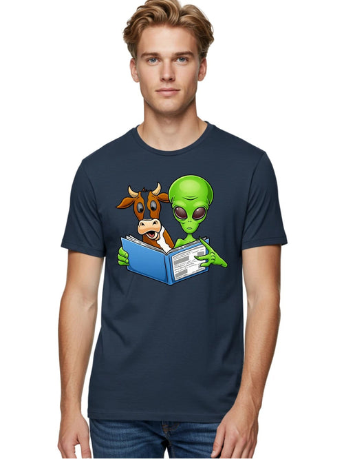 Alien-Reading-1 Mens Graphic Tee, 100% Cotton, Casual Summer Wear
