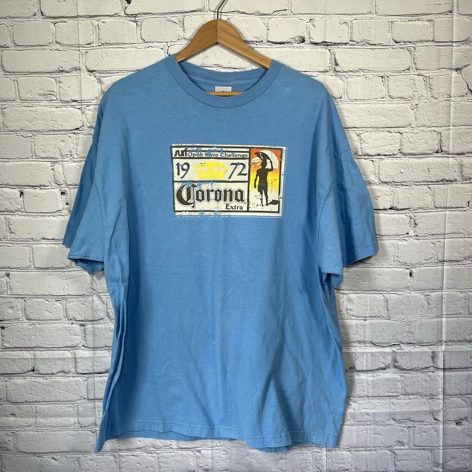Vintage Corona Extra Surf Open Wave Challenge T-Shirt Mens 2XL Blue Beer Promo