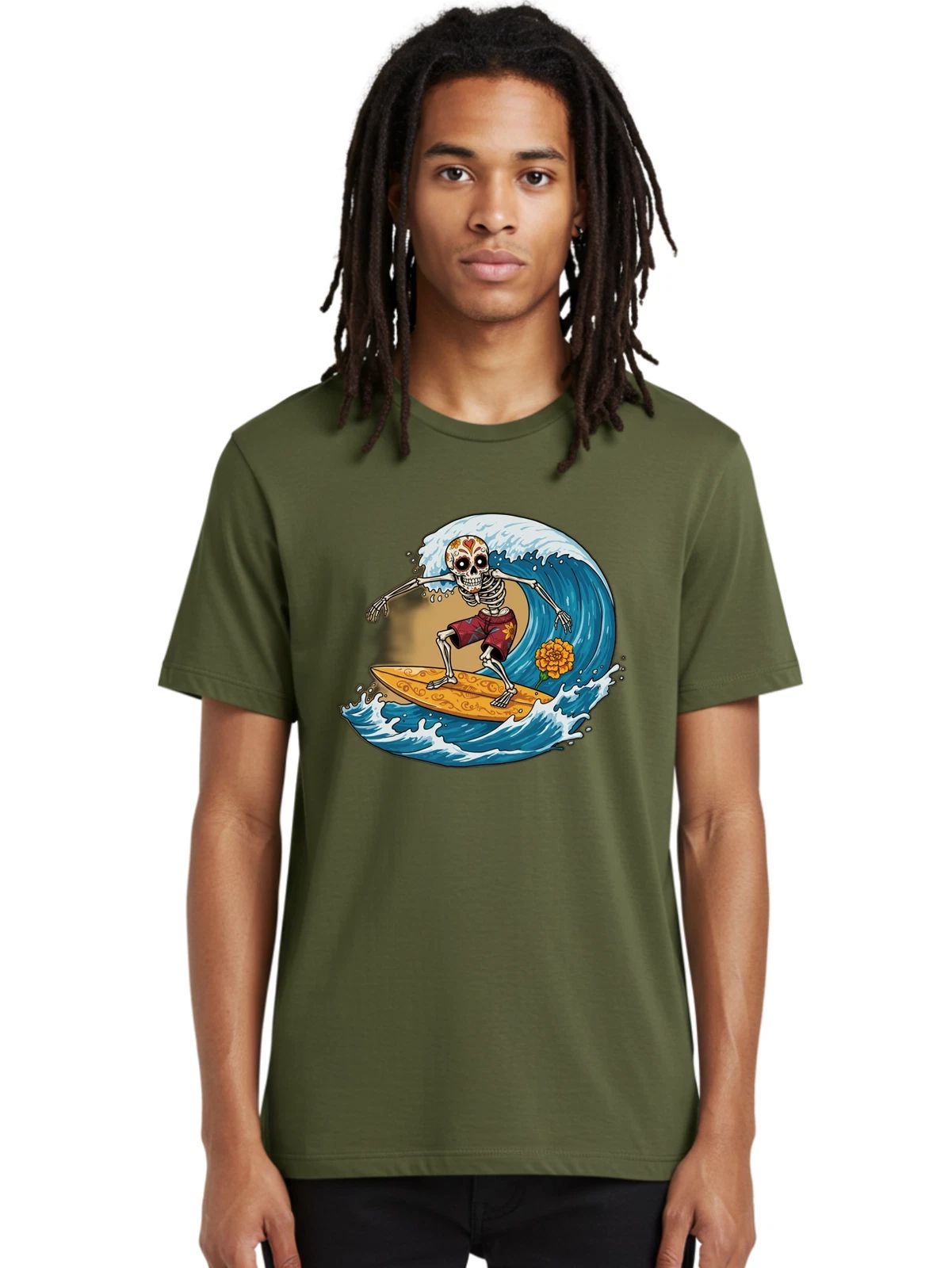 Skeleton-Surfer Mens Graphic Tee, 100% Cotton, Casual Summer Wear