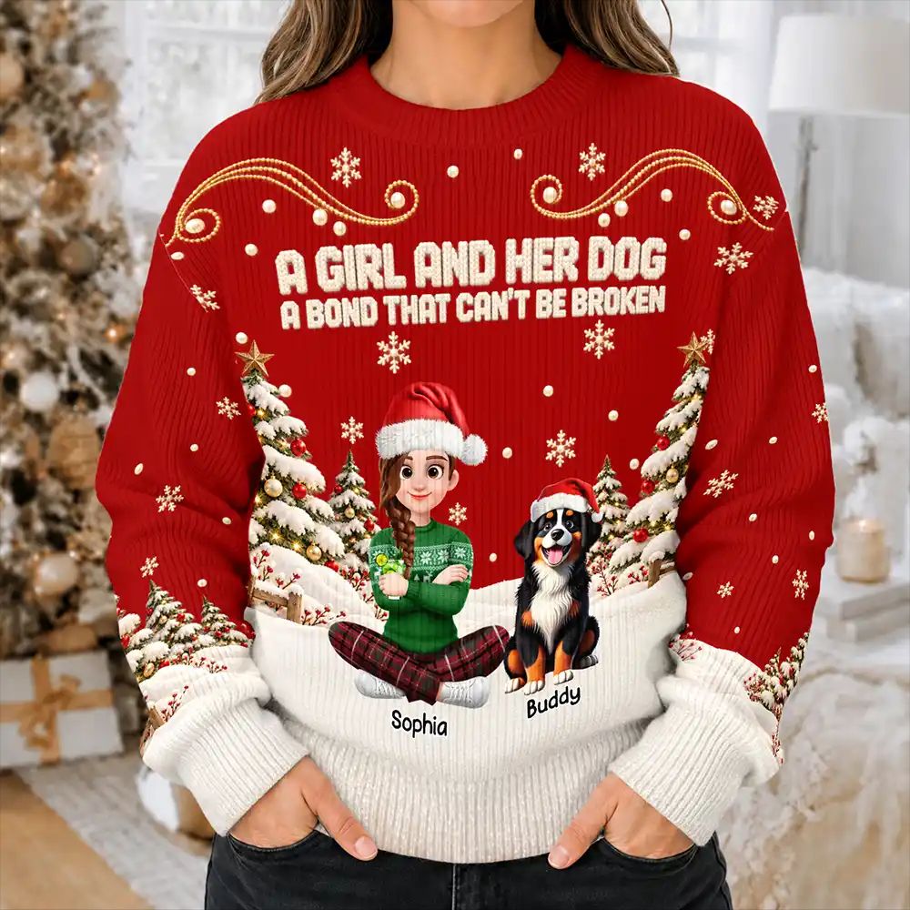 Christmas Gift For Dog Lovers - Personalized Cartoon A Girl And Her Dog Unisex Ugly Sweater