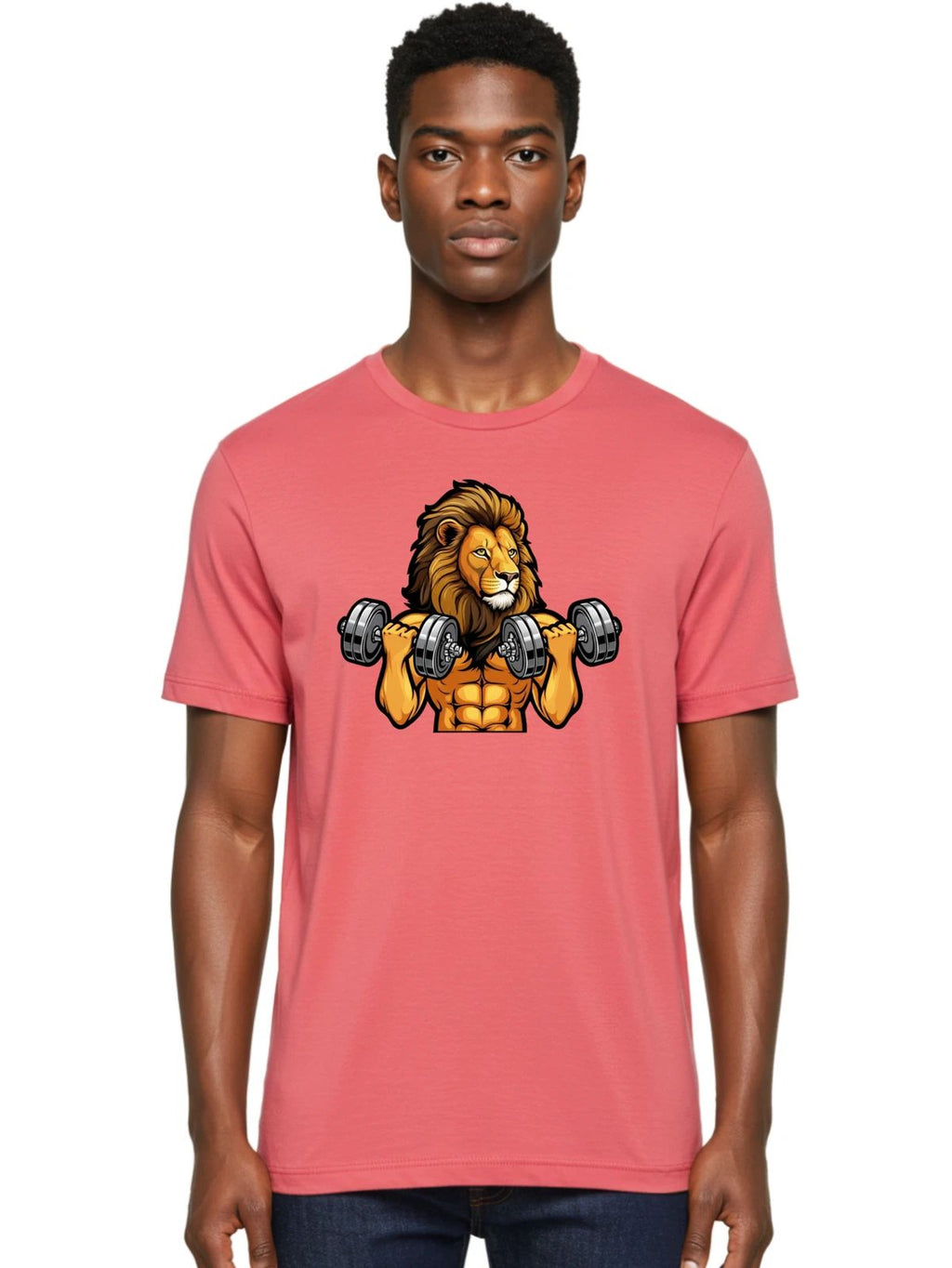 Lion-Lifting-Dumbbells-1 Mens Graphic Tee, 100% Cotton, Casual Summer Wear