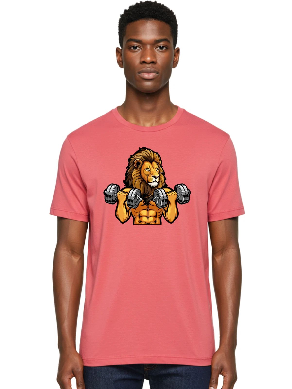 Lion-Lifting-Dumbbells-1 Mens Graphic Tee, 100% Cotton, Casual Summer Wear