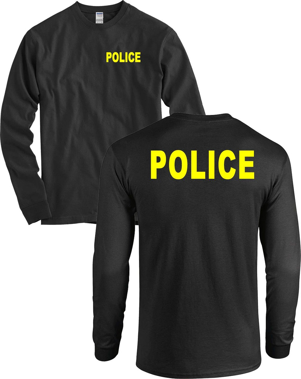 POLICE Front and Back Long Sleeve Shirt Huge NEON YELLOW LETTERS Black - NEW