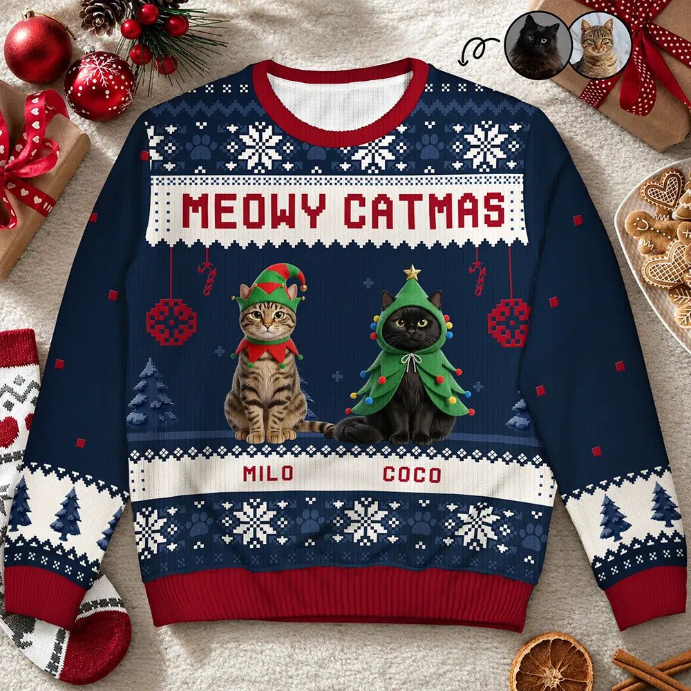 Custom Photo 3D Christmas Themed Pet Meowy Catmas Feliz Navidog - Personalized Unisex Ugly Sweater