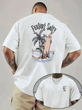 Men's Surfing T-Shirt with Surfboardable Skeleton & Palm Tree Back Print, 'Fee