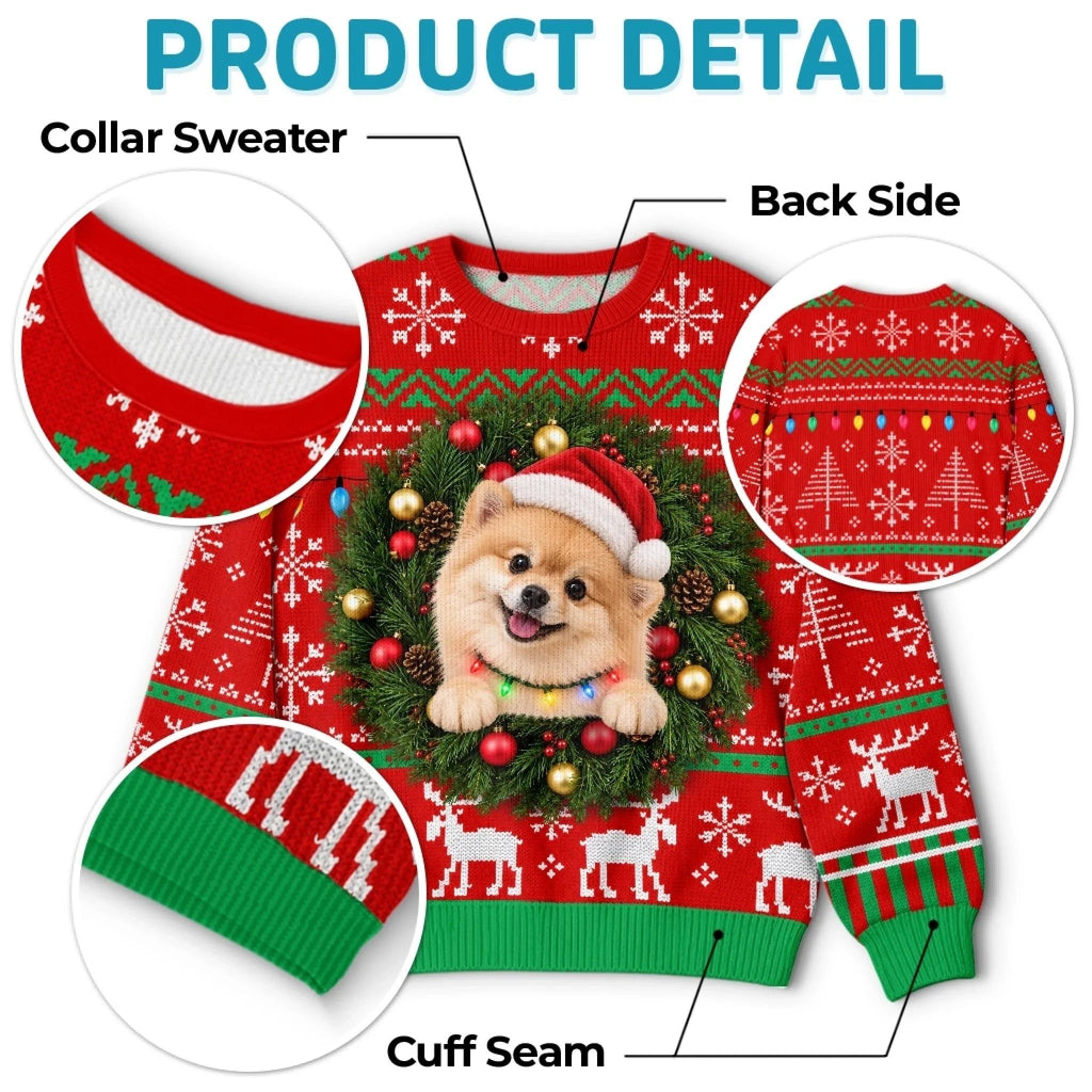 Custom Pet Photo Christmas Wreath Gifts For Dog And Cat Lovers - Personalized Ugly Sweatshirt