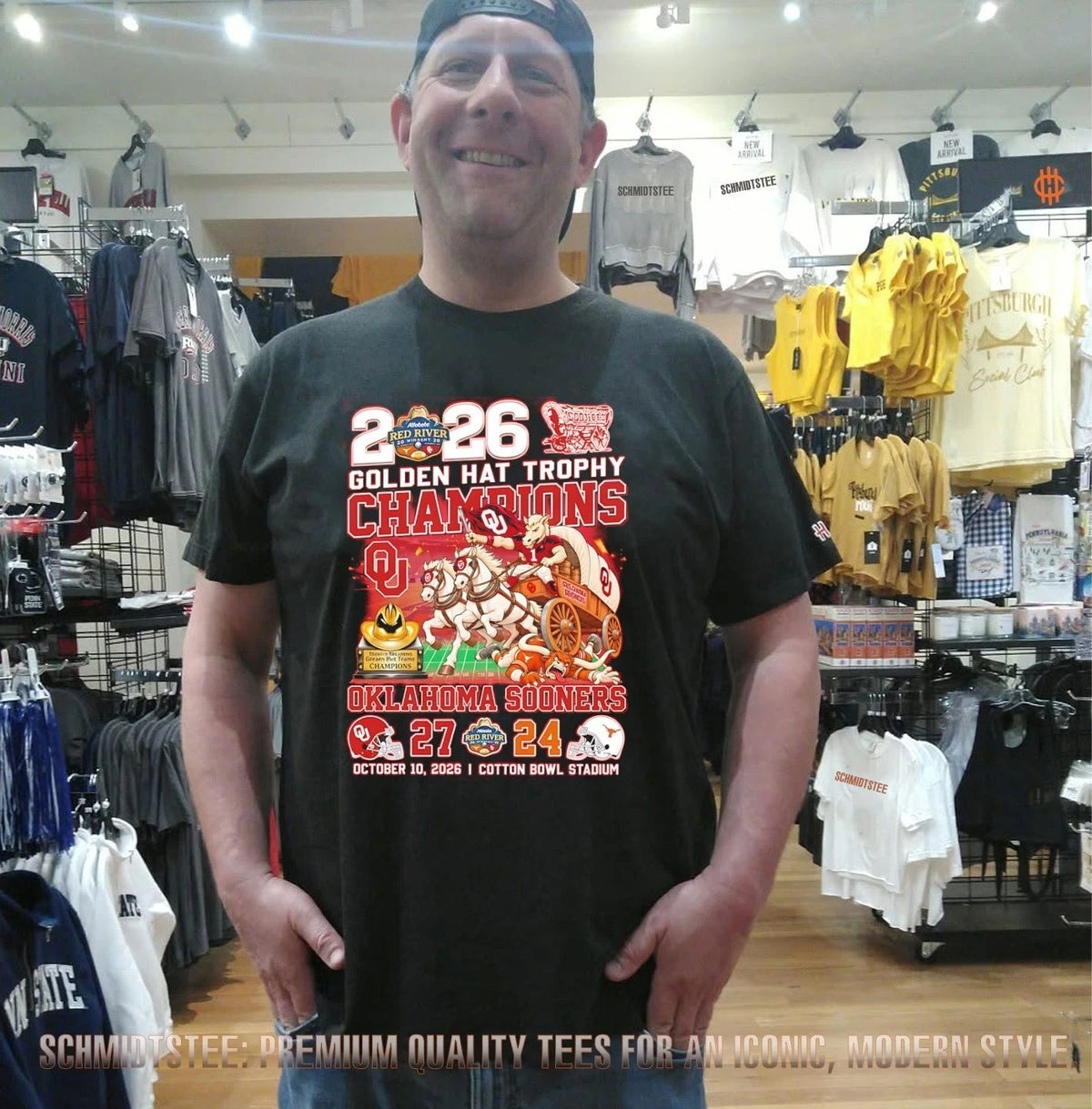 Oklahoma Sooners vs Texas Longhorn Golden Hat Trophy Champions 2026 Score 27-24 mascot shirt