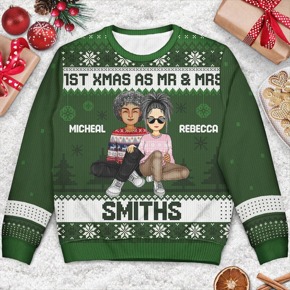 1st Xmas As Mr & Mrs Cartoon Couple - Personalized Unisex Ugly Sweater