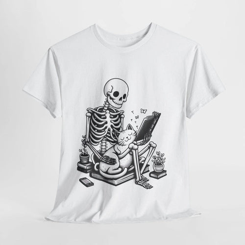 #31 Cute Skeleton Reading Tee, Halloween Shirt, Cute Graphic T-Shirt, Unisex Cot