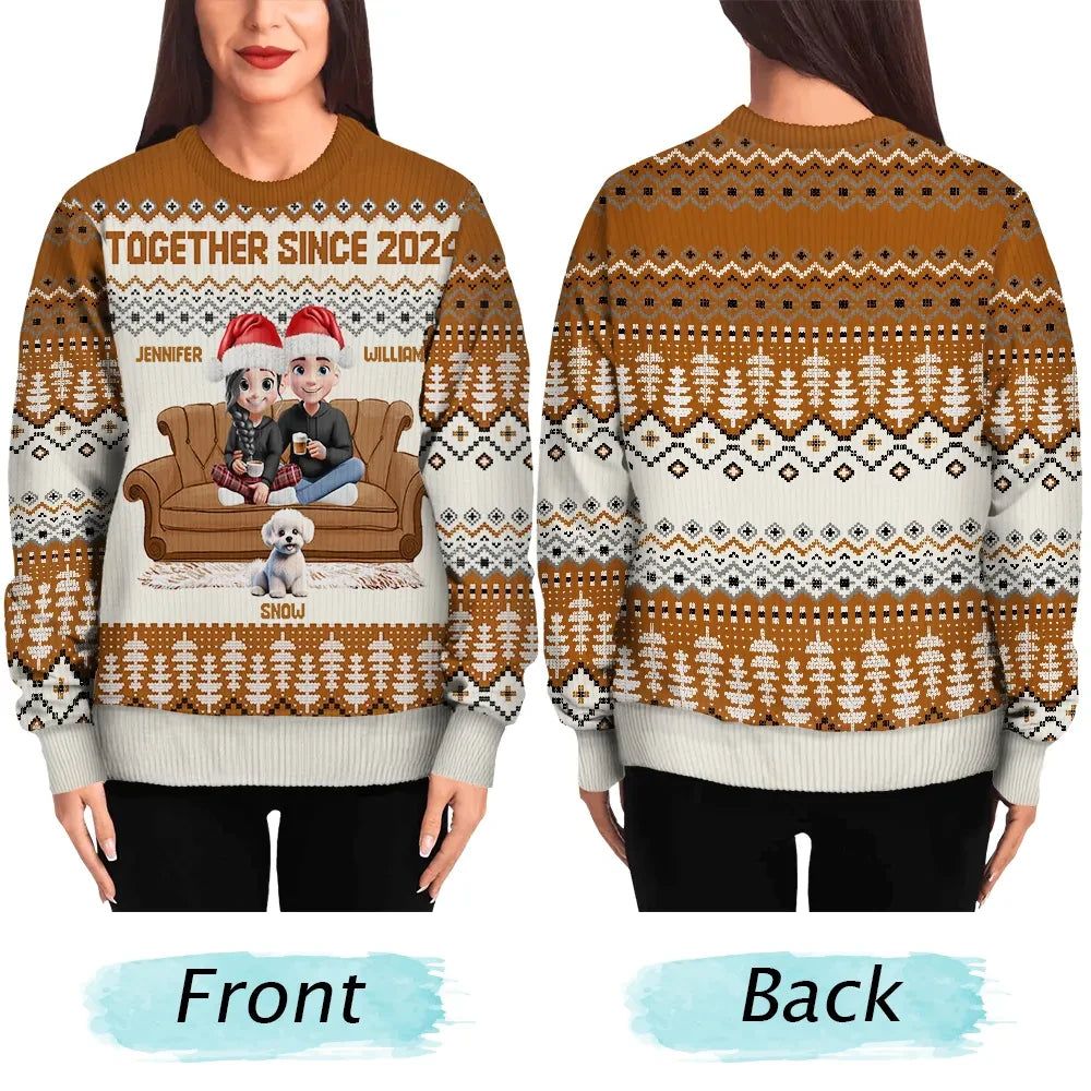 Cute Couple With Kids And Dogs 3D Effect - Personalized Unisex Ugly Sweater