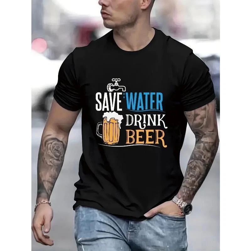 Fashion Save Water Drink Beer Funny Graphic T-Shirt, Men's Humor Beer Tee