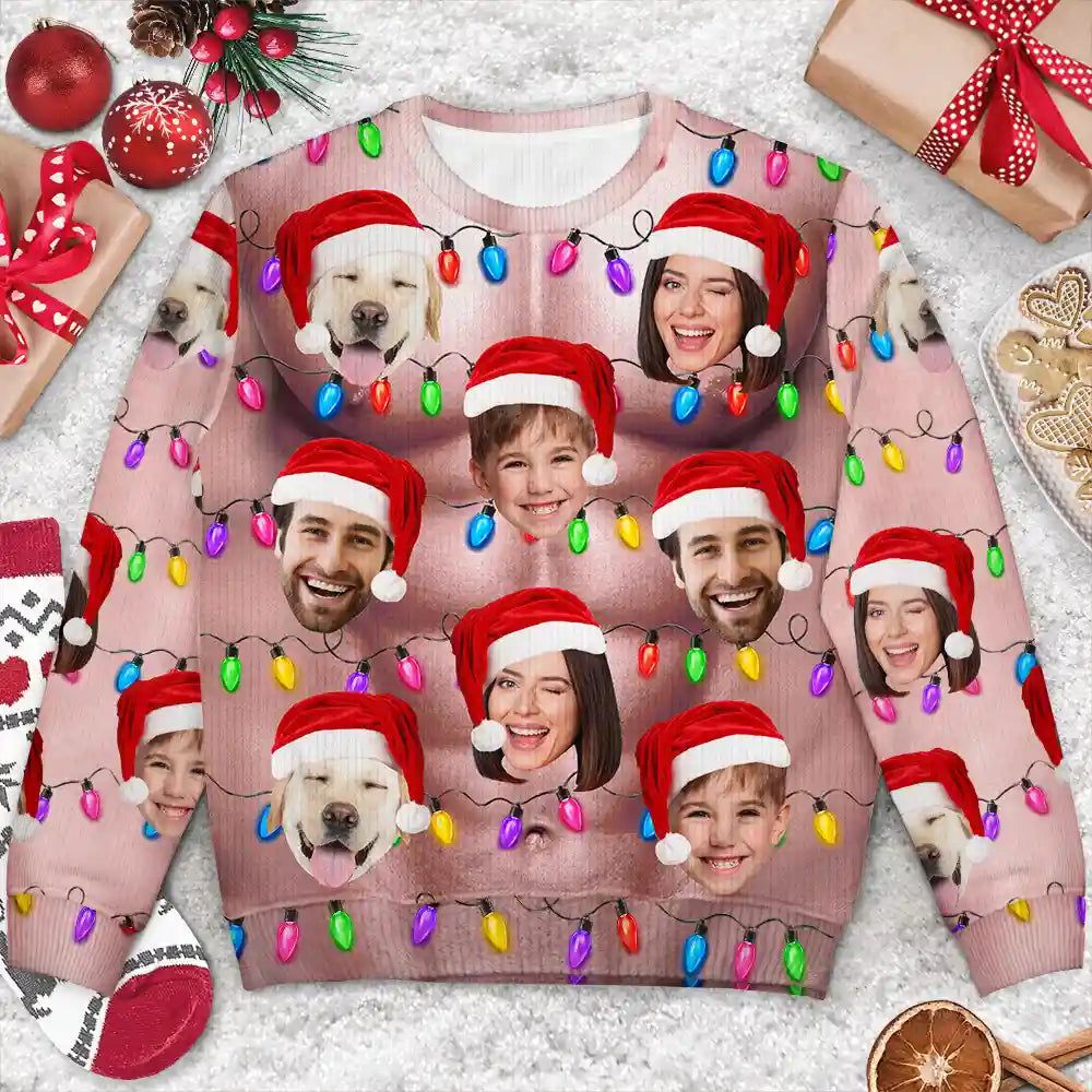 Custom Photo Funny Hairy Muscle Body Family Face Cut - Personalized Unisex Ugly Sweater