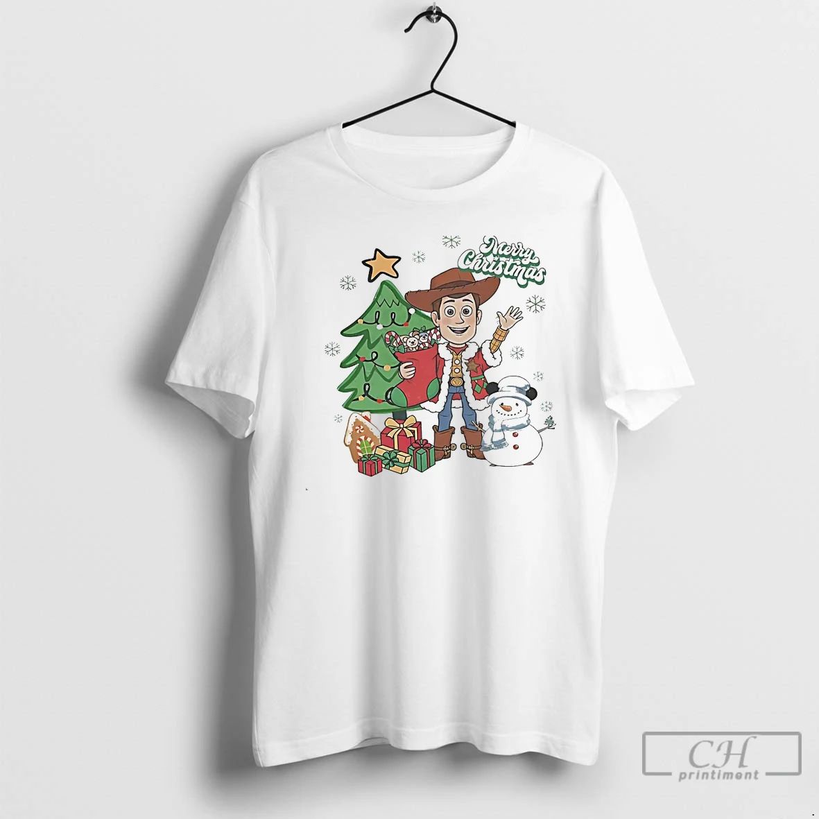 Classic Woody Merry Christmas Tree Gifts Snowman White T Shirts