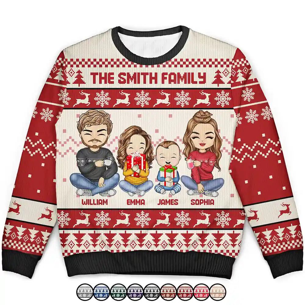 Christmas Chibi Family Holding Gift - Personalized Unisex Ugly Sweater