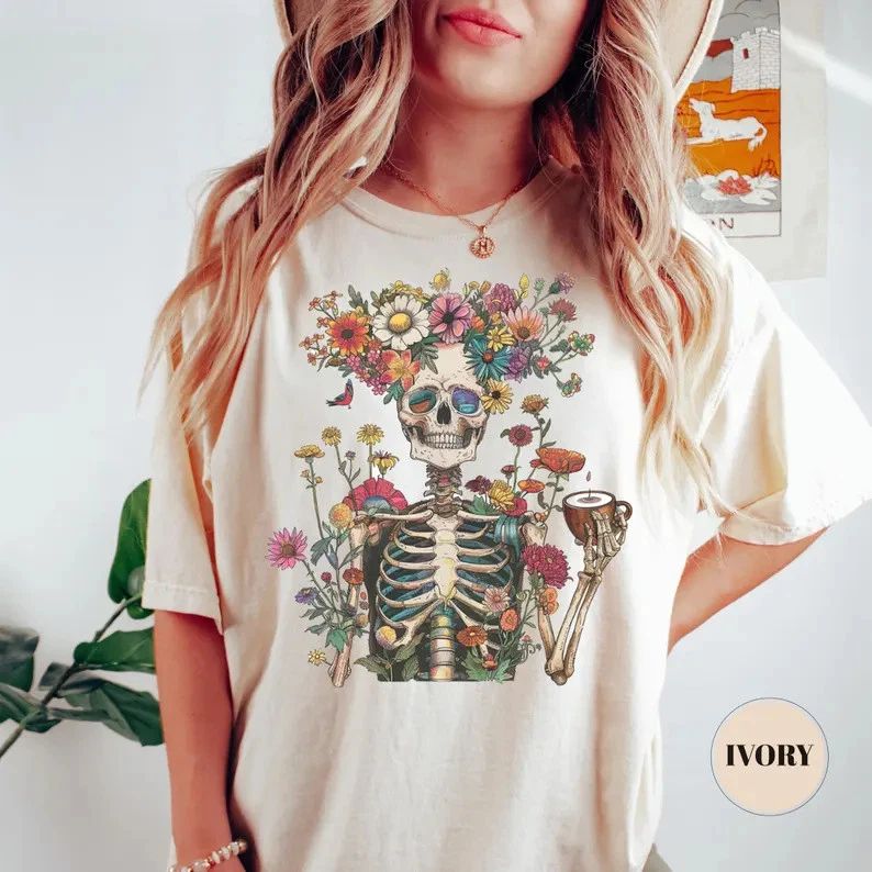 Retro Boho Skeleton Floral Comfort Tee Vintage Style Graphic T-Shirt