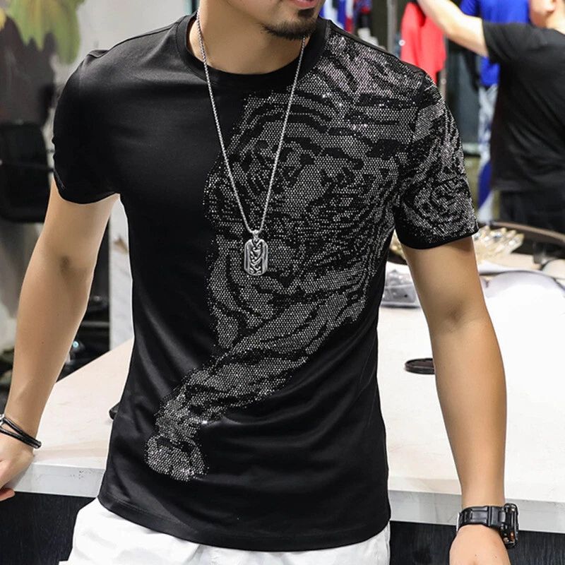 New Men Luxury Tiger Rhinestones Fashion Black T-Shirt High Quality