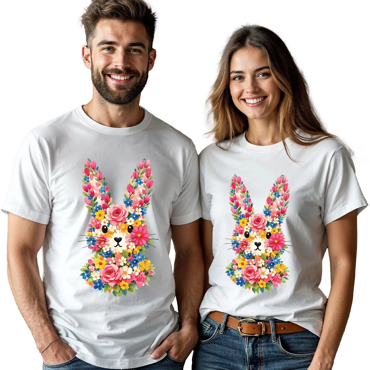 Floral Bunny Boy Couple Happy Easter Couple Tshirts His & Hers Cute Tops