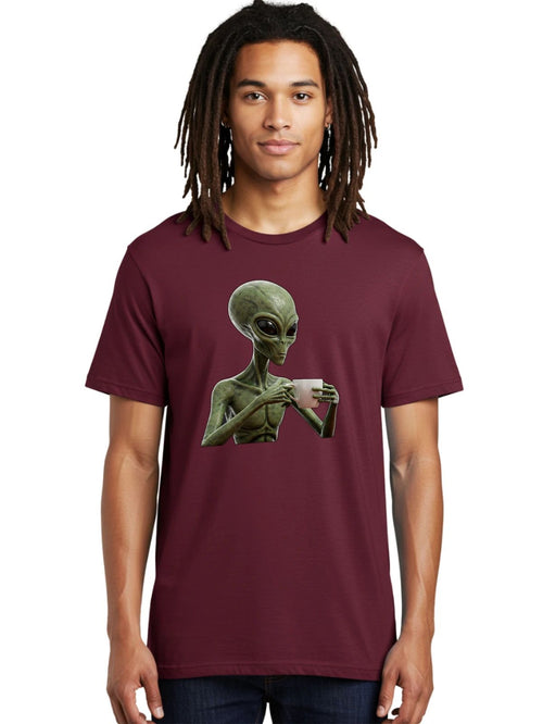 Alien-Drinking-Coffee-1 Mens Graphic Tee, 100% Cotton, Casual Summer Wear