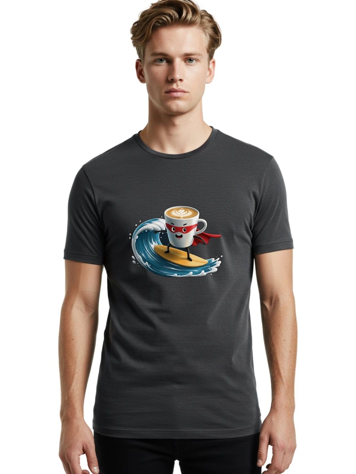 Coffee-Cup-Surfing-Hero Mens Graphic Tee, 100% Cotton, Casual Summer Wear