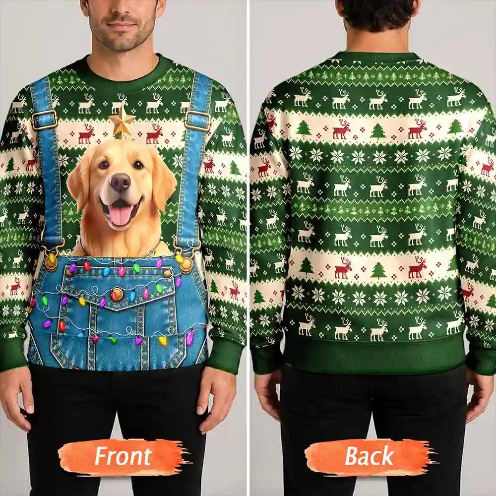 Christmas Gag Gift For Pet Dad - Personalized Custom Photo Pet Face Hairy Chest Abs Body Unisex Ugly Sweater