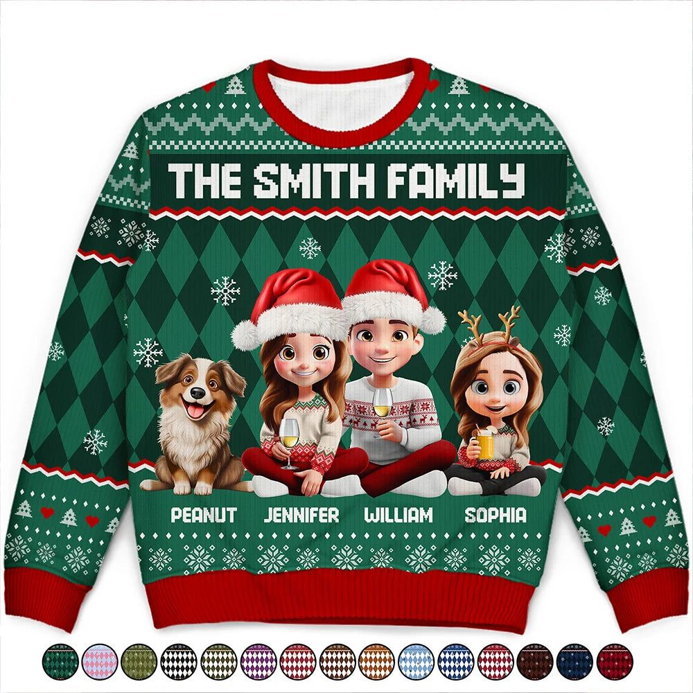 Christmas Family With Kids & Pets Argyle Pattern - Personalized Unisex Ugly Sweater