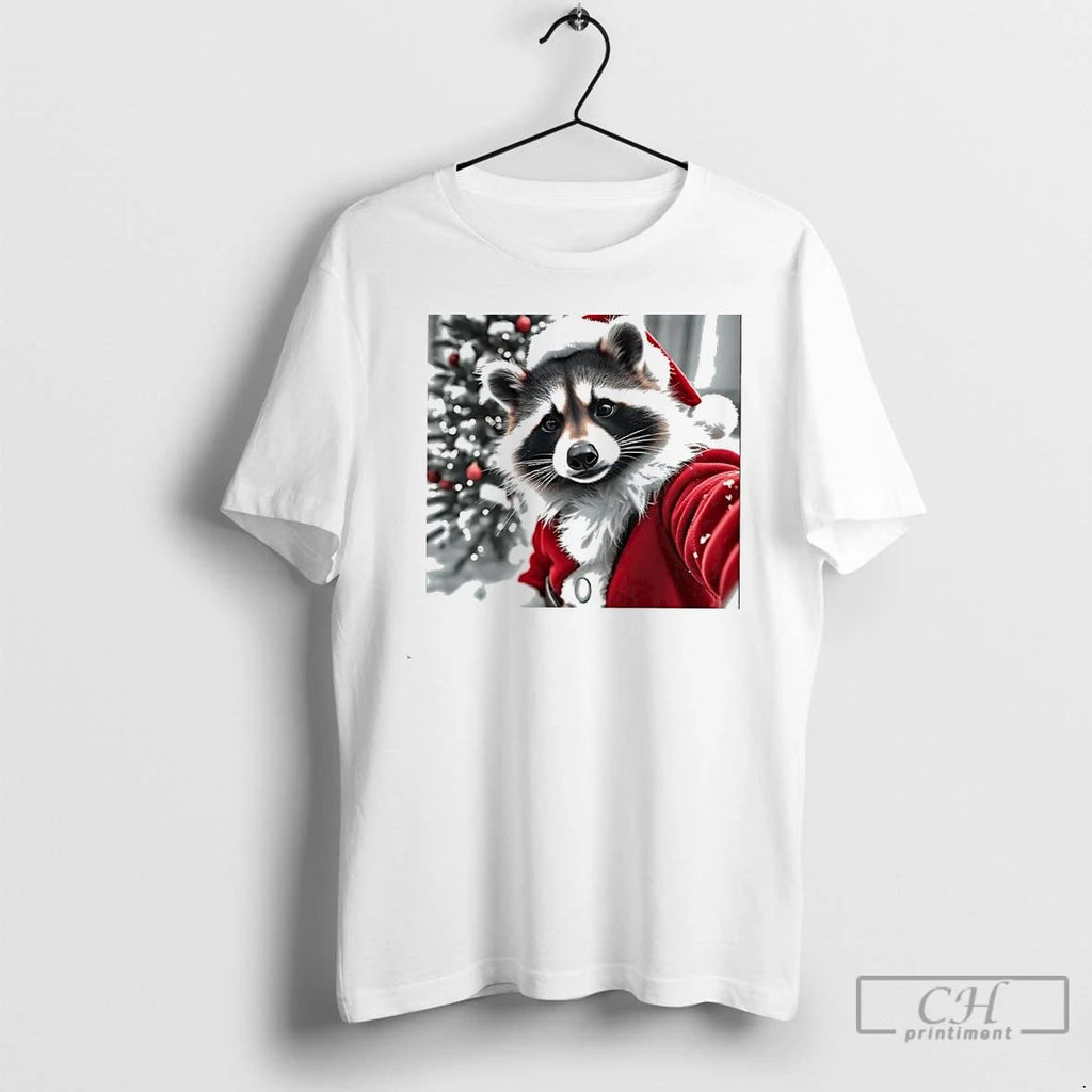 Classic Christmas Raccoon Selfie Santa Suit Holiday Photo Frame White T Shirts