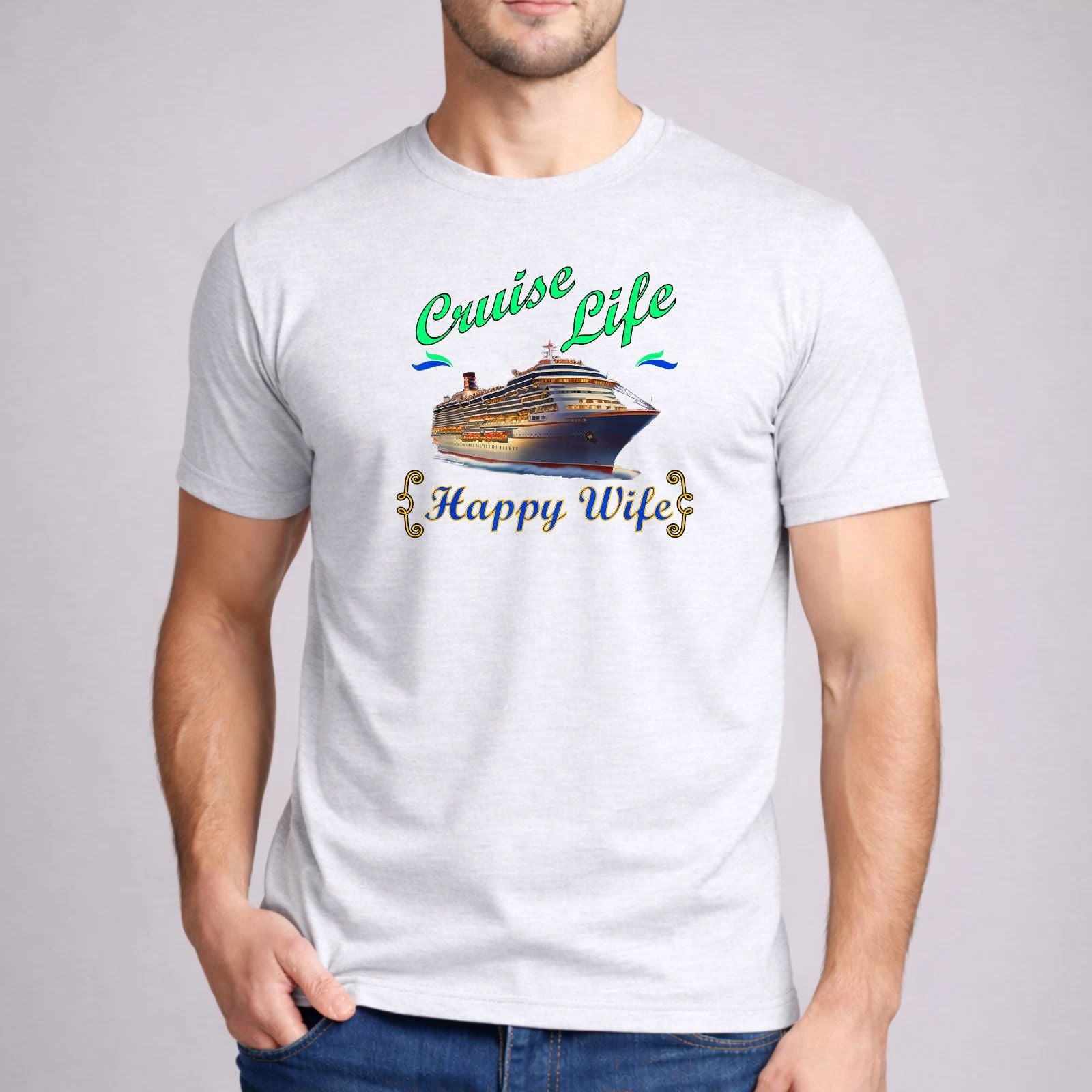 Cruise Life Happy Wife Shirt Vacation Ship Graphic Ash Tee Men Youth Gift Art