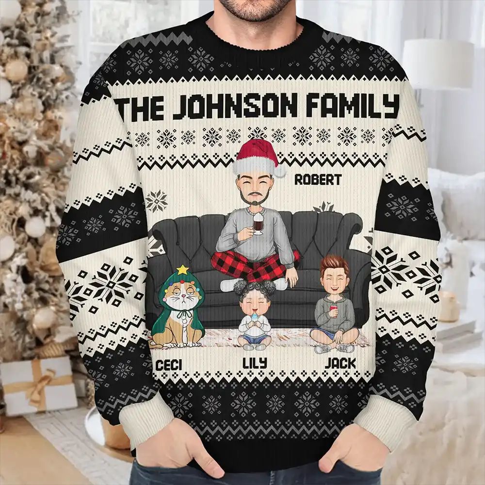 Cartoon Single Mom Dad With Kids And Pets - Personalized Unisex Ugly Sweater