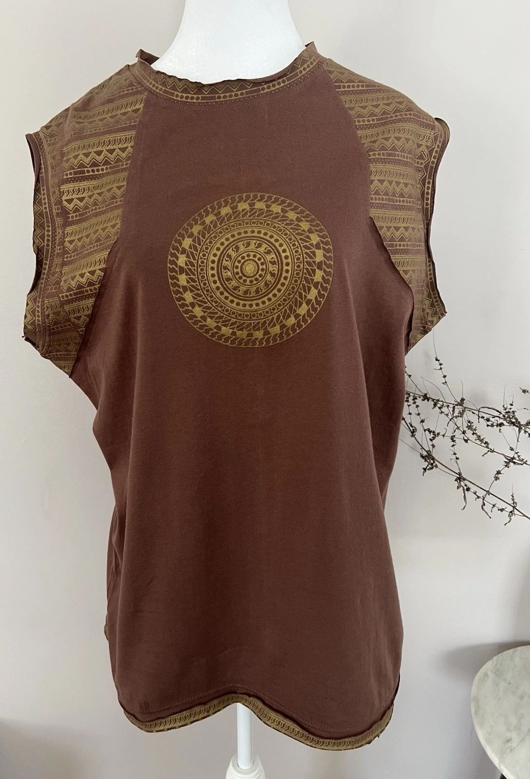Kaydanime Clothing L Brown Cotton Handmade Sleeveless Mandala T-Shirt