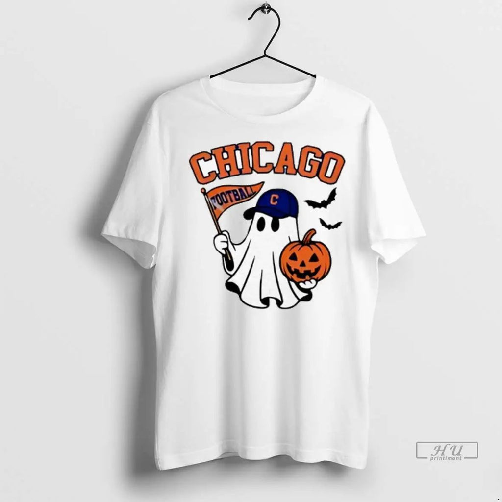 Officials Halloween Ghost Chicago Cubs Football Flag Pumpkin Ladies T Shirts