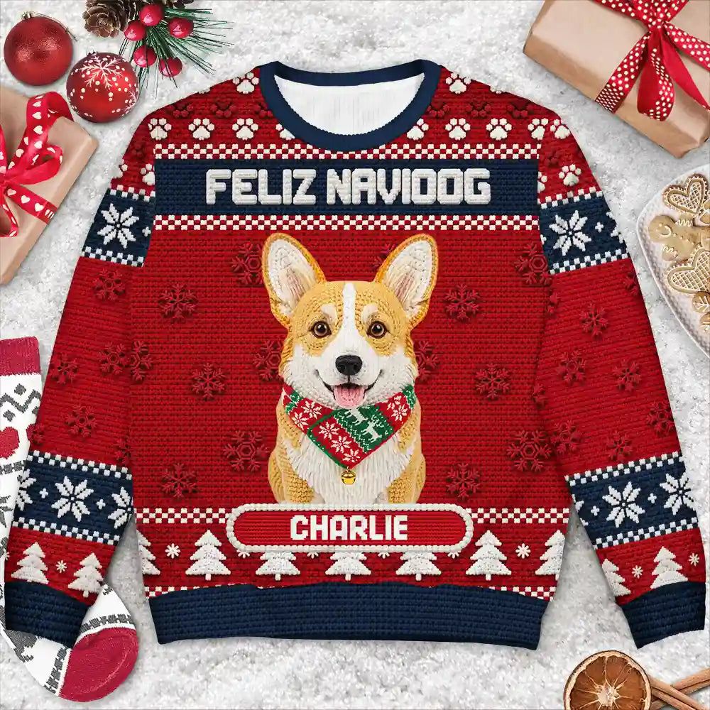 Christmas Gift For Pet Lovers - Personalized Custom Photo Crochet Pet Feliz Navidog Unisex Ugly Sweater