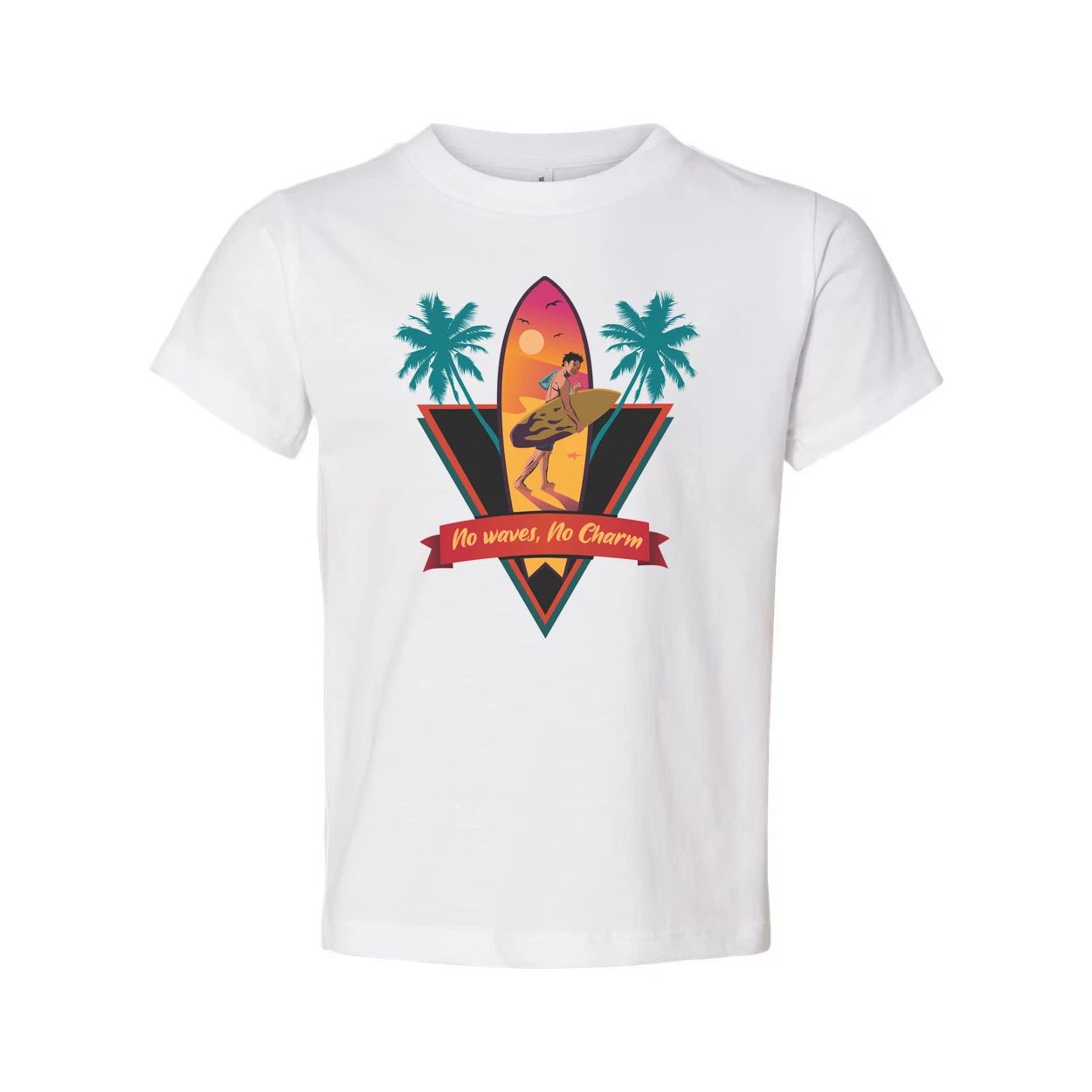 Unisex Surfing Graphic Tee With Sunset Surfer, Palm Trees And No Waves, No Charm