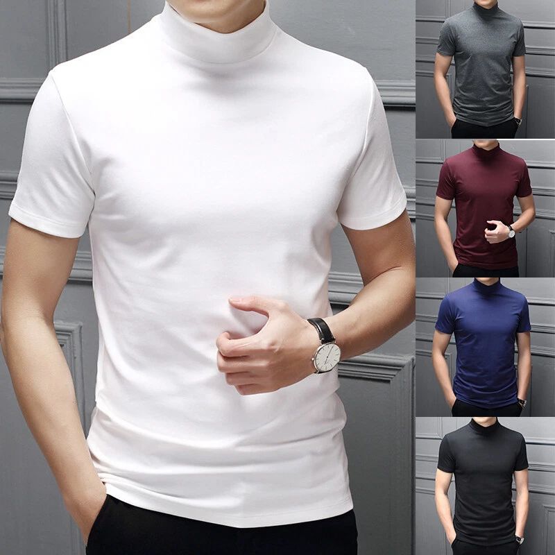 Men Short Sleeve Tee Pullver Tops Half High Collar T-Shirt Slim Trendy Elegant