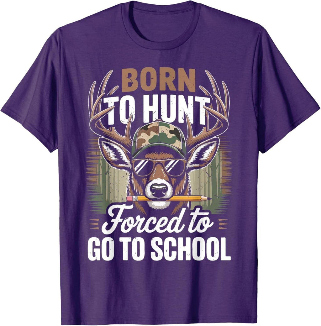 Camo Deer Hunting Boy Men Born Hunt Forced Go School Funny T-Shirt