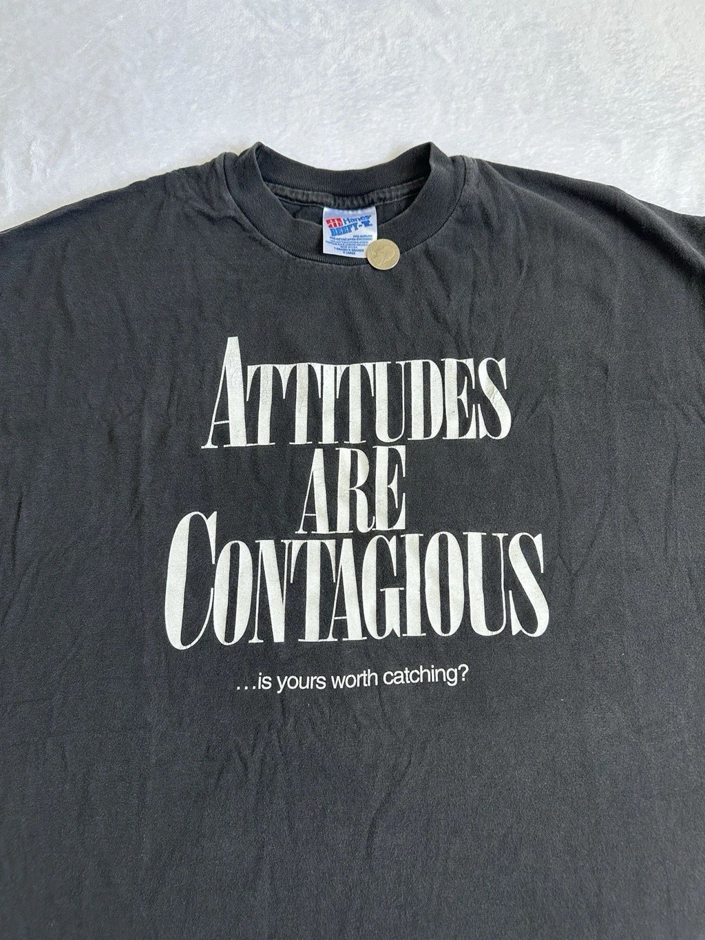 Vintage Hanes Beefy-T Attitudes Are Contagious T-Shirt XL Black 1990s