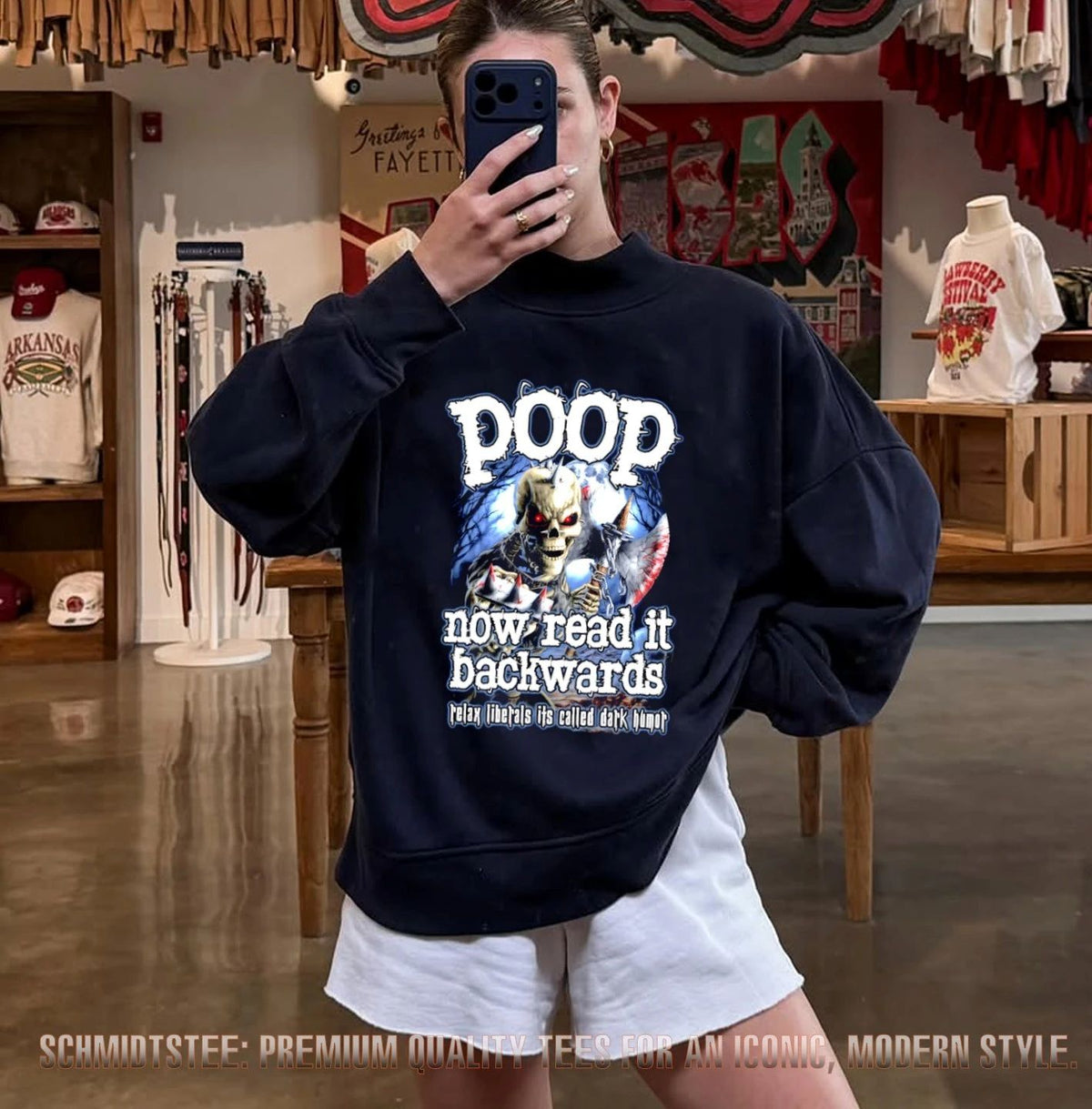 Poop Now Read It Backwards Relax Liberals Its Called Dark Humor Skeleton shirt