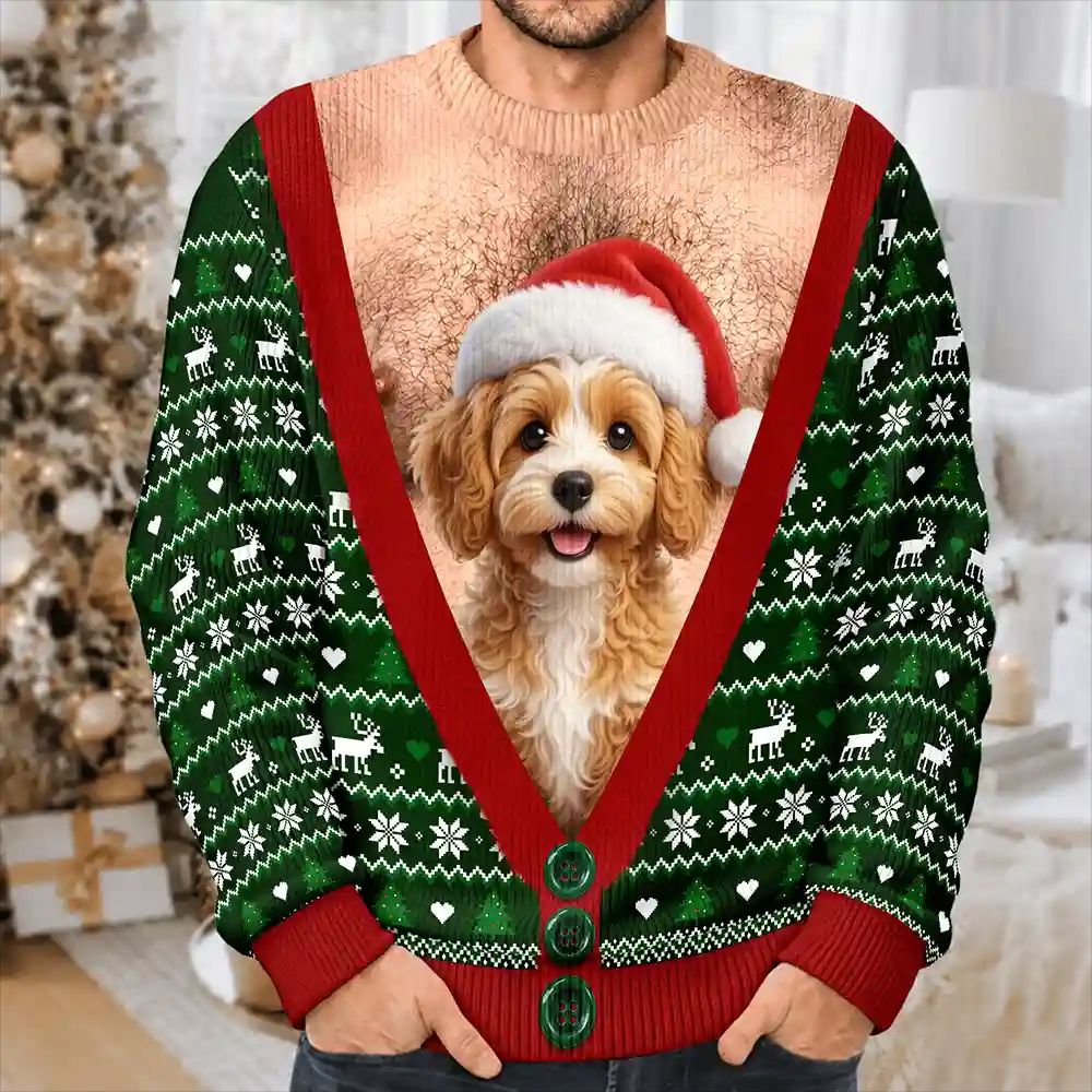 Christmas Gag Gift For Pet Dad - Personalized Custom Photo Pet Face Hairy Chest Abs Body Unisex Ugly Sweater