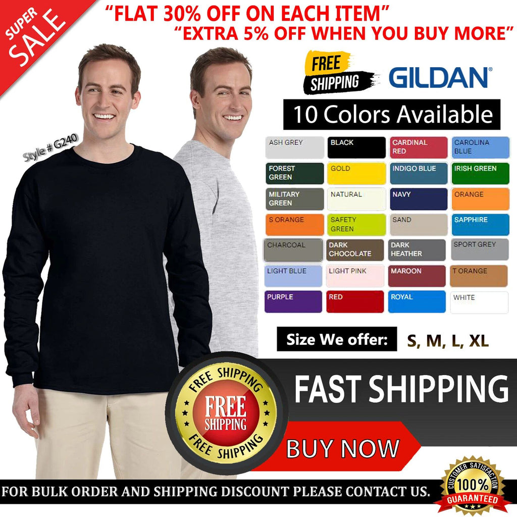 Gildan Ultra Cotton Mens G240 Crewneck T Shirt Blank Long Sleeve T-Shirt - 2400