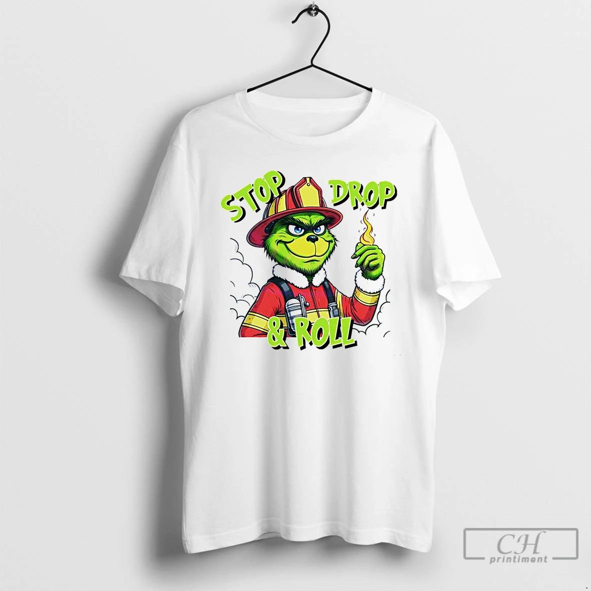 Classic Stop Drop And Roll Grinch Christmas Fireman White T Shirts