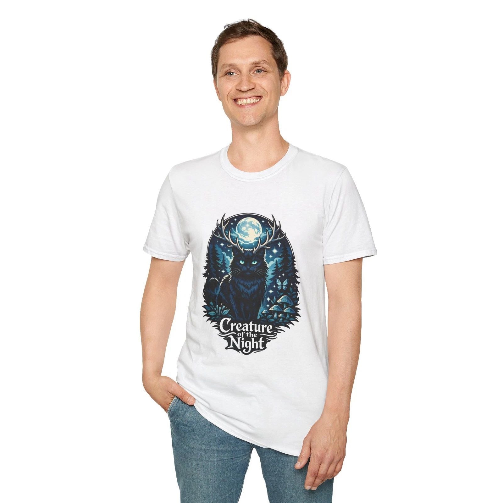 Cat Antlers Moon Mystical Forest Fantasy Gothic Unisex Softstyle T-Shirt