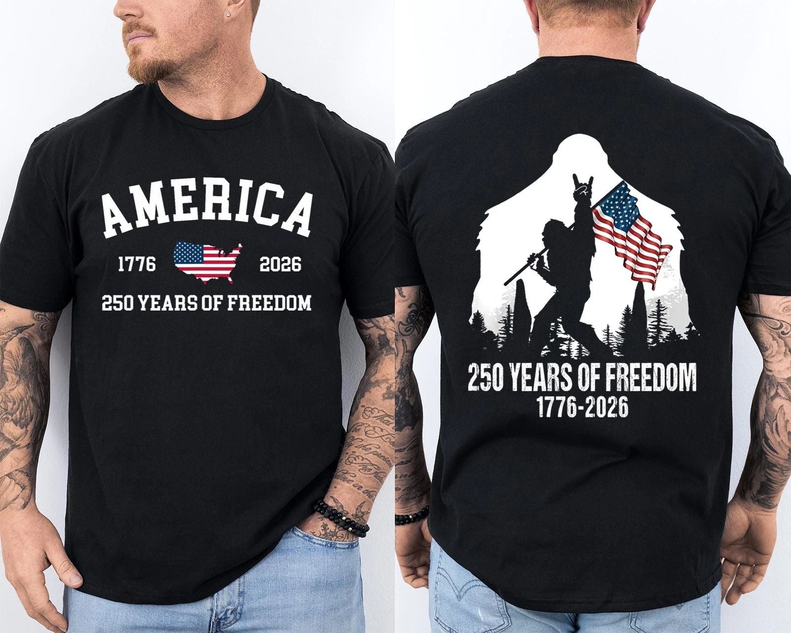 Bigfoot Sasquatch Flag 250 Years 1776-2026 250th Anniversary USA 2 Sided Tee