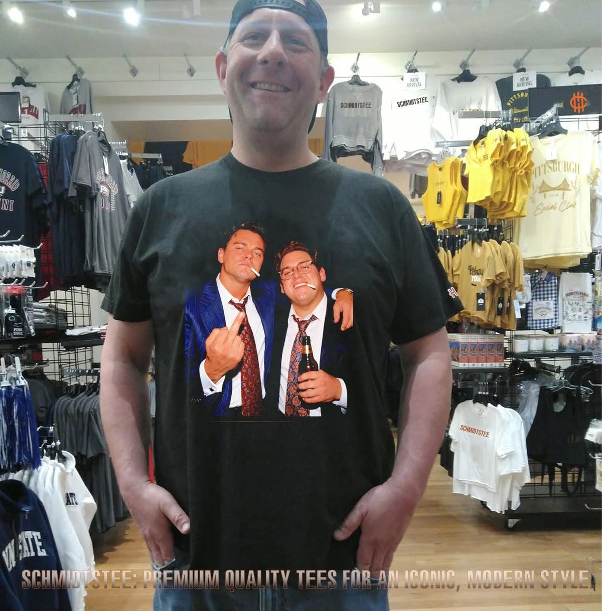 Leonardo DiCaprio and Jonah Hill in The Wolf of Wall Street middle finger smoking and beer shirt
