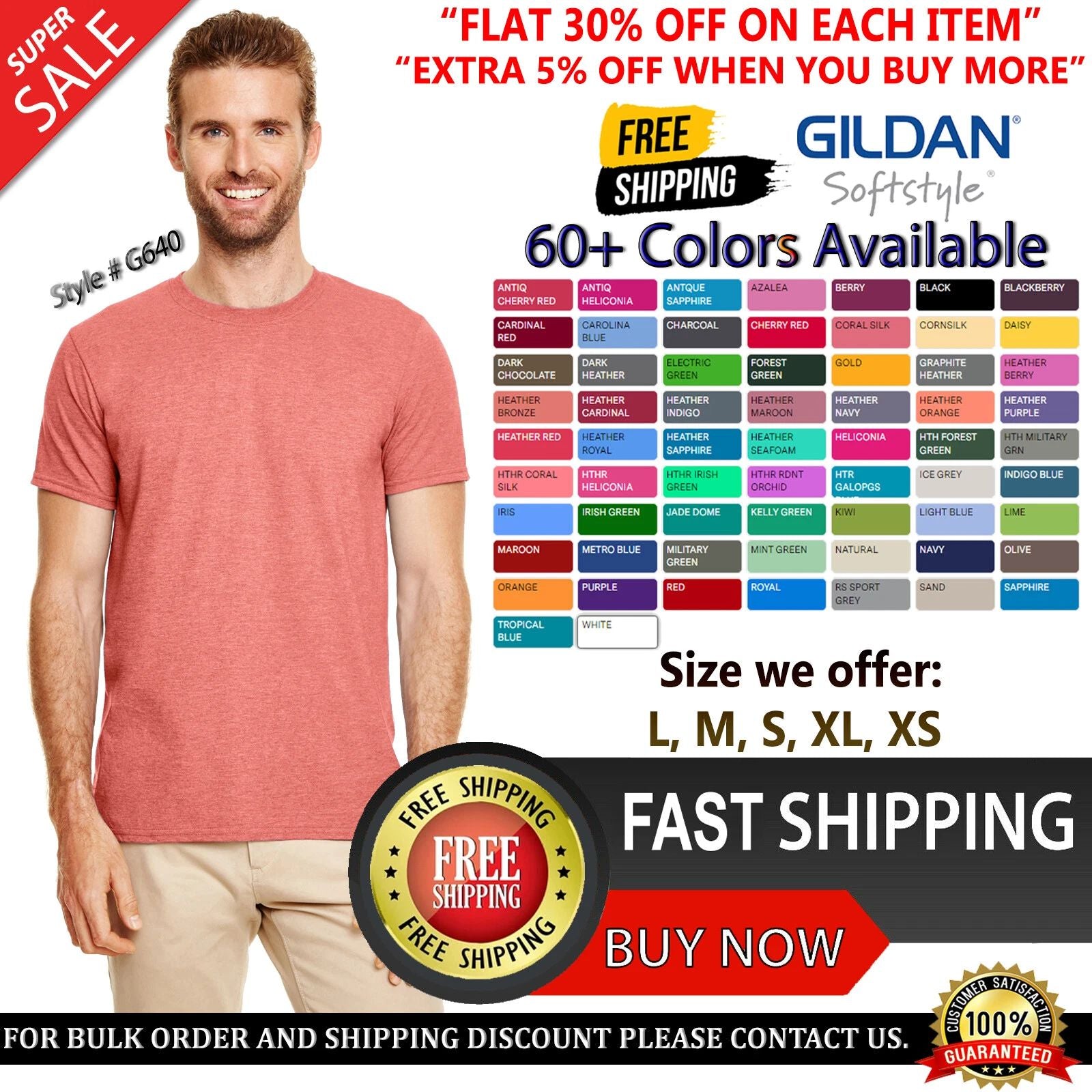 Gildan G640 Adult Softstyle T-Shirt Ringspun Cotton Crew Neck Plain T-Shirt