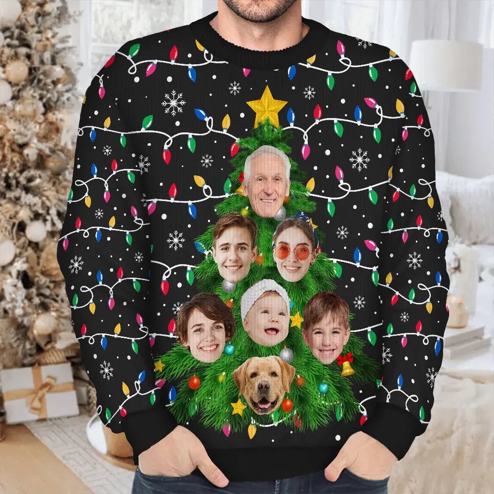 Custom Photo Family And Friends On Christmas Tree - Personalized Unisex Ugly Sweater